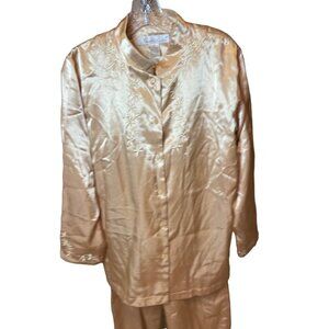 Vintage Claire’s Rose Champagne Embroidered Flannel Lined Pajama Set Sz S
